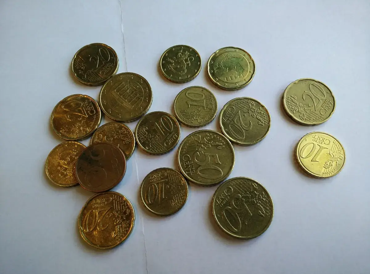 Monedas de euro sobre una superficie blanca